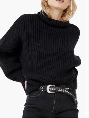 Free People Swim Too Deep Black Ribbed Knit Turtleneck Chunky Sweater